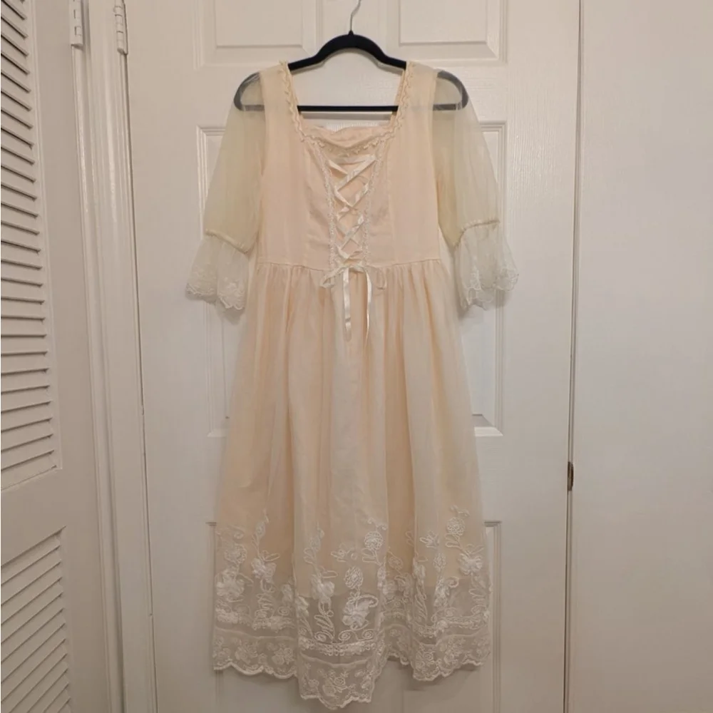 Vintage Style Cream Lace Midi Dress Cottagecore Coquette Milkmaid Corset L - Picture 2 of 10
